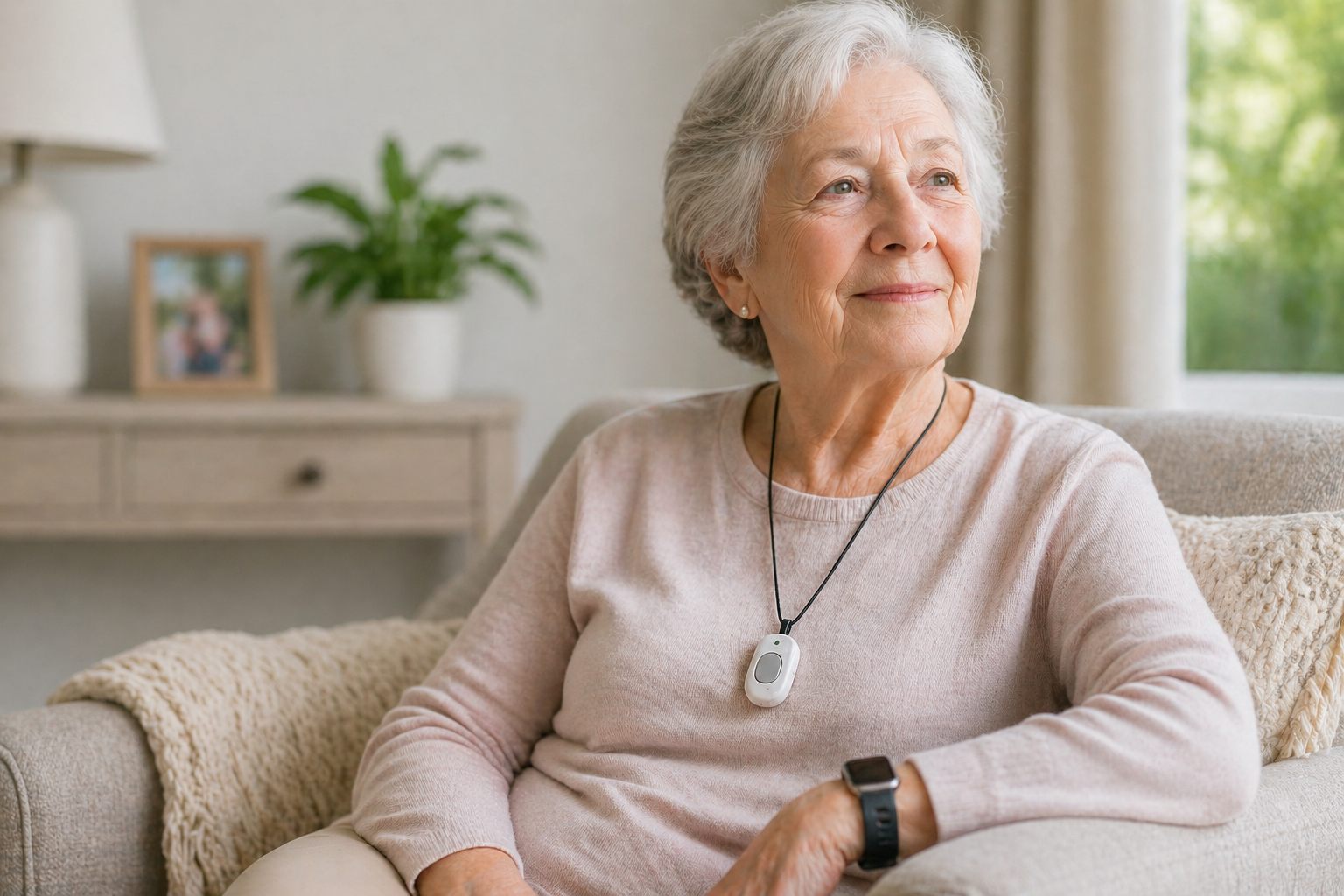 Elderly woman wearing a medical alert necklace and smartwatch while sitting calmly in a comfortable living room environment, representing safety and support tools for dementia care and wandering prevention.
